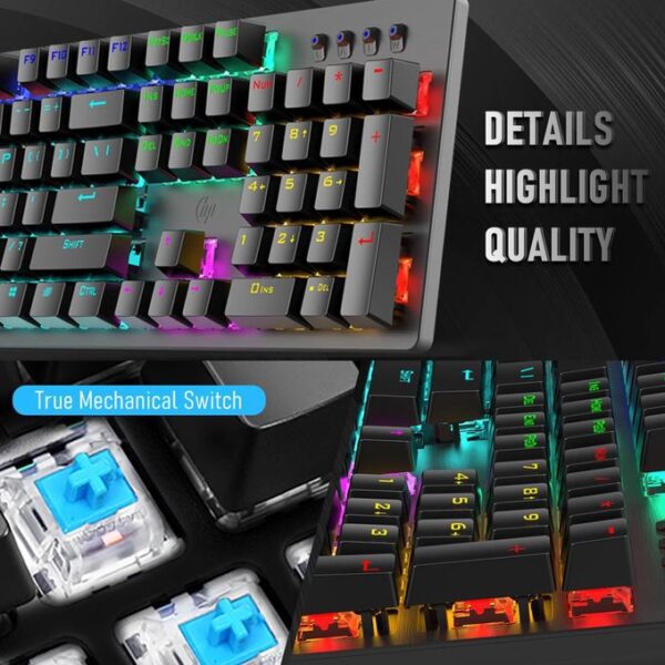 HP GK100F Gaming Mechanical Keyboard -Rainbow Backlight 9 Lighting Mode – Blue Switch – EN 104 Keys – Full key N-rollover - Image 8