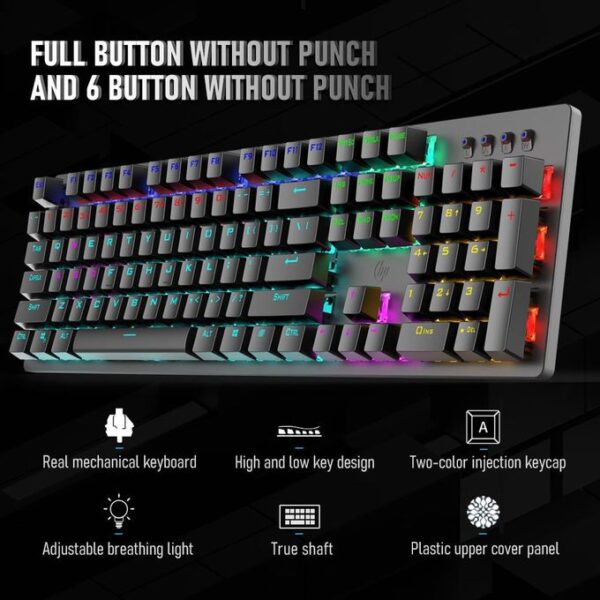 HP GK100F Gaming Mechanical Keyboard -Rainbow Backlight 9 Lighting Mode – Blue Switch – EN 104 Keys – Full key N-rollover - Image 3