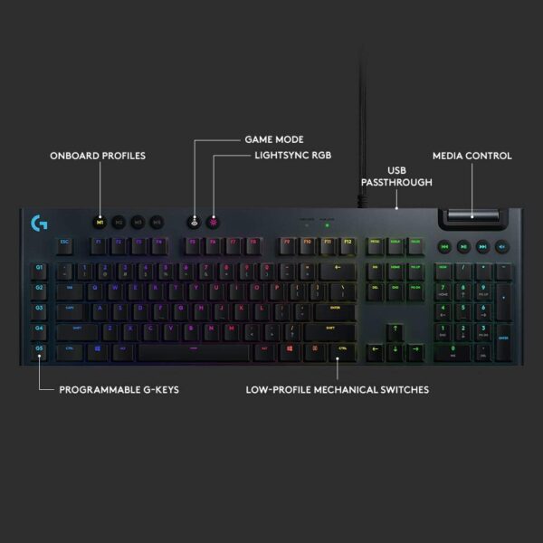 Logitech G815 LIGHTSYNC RGB Mechanical Gaming Keyboard with Low Profile GL Clicky key switch, 5 programmable G-keys, USB Passthrough, dedicated media control - Clicky,Black - Image 7