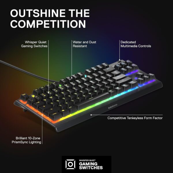 SteelSeries Apex 3 TKL RGB Gaming Keyboard – Tenkeyless Compact Form Factor - 8-Zone RGB Illumination – IP32 Water & Dust Resistant – Whisper Quiet Gaming Switch – Gaming Grade Anti-Ghosting,Black - Image 3