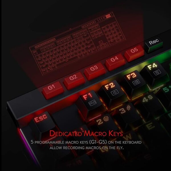 Redragon K580 VATA RGB LED Backlit Mechanical Gaming Keyboard 104 Keys Anti-ghosting with Macro Keys & Dedicated Media Controls, Onboard Macro Recording (Blue Switches) - Image 5